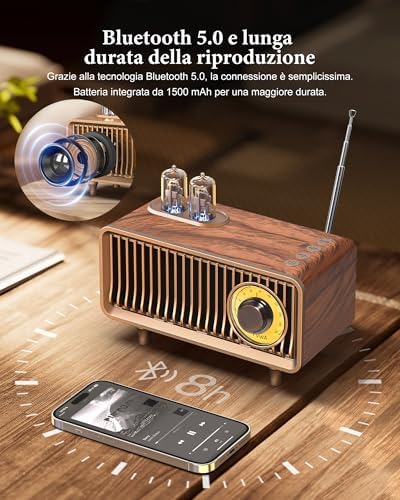  COLSUR Vintage Wooden Radio Portatile con Bluetooth AM/FM, Hello Quality Bass Speaker 1500 mAh
| COLSUR Vintage Wooden 